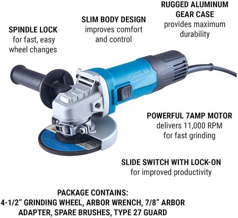 Hercules 7 Amp 4-1/2 in. Slide Switch Angle Grinder - Professional-Grade Aluminum Gear Case and Reinforced Plastic Body for Maximum Durability, Fast Grinding, Cutting and Shaping with 11,000 RPM in Saudi Arabia