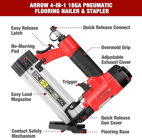 Arrow 4-in-1 Pneumatic 18 Gauge Flooring Stapler/Nailer, Oil-Free Mini 18 GA Pneumatic Flooring Staple Gun/Nail Gun with 1200 Pcs Staples/Nails, Adjustable Depth, for Upholstery, Flooring in Saudi Arabia