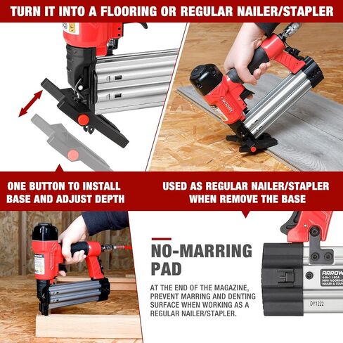 Arrow 4-in-1 Pneumatic 18 Gauge Flooring Stapler/Nailer, Oil-Free Mini 18 GA Pneumatic Flooring Staple Gun/Nail Gun with 1200 Pcs Staples/Nails, Adjustable Depth, for Upholstery, Flooring in Saudi Arabia