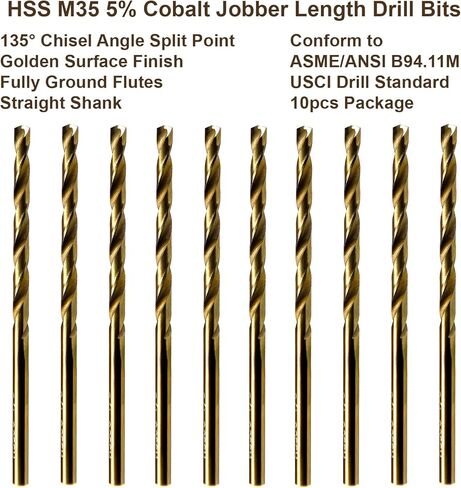 MAXTOOL 3/32" 10pcs Identical Jobber Length Drills HSS M35 Twist Drill Bits 5% Cobalt Fully Ground Golden Straight Shank Drills; JBF35G10R06P10 in Saudi Arabia