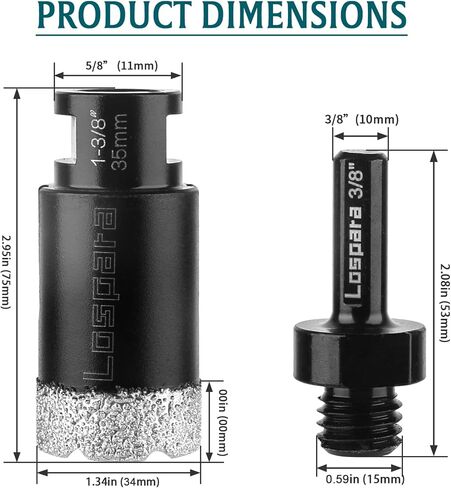 لقمة مثقاب أساسية من الماس الجاف، منشار ثقب نحاسي فراغي مقاس 1-3/8 بوصة 35 مم للمواد الصلبة المصنوعة من الطوب والبورسلين والرخام، ومناشير ثقب بلاط الماس مع خيط 5/8-11 بالإضافة إلى محول ساق سداسي 3/8 in Kuwait