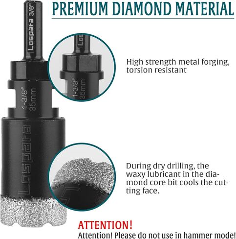 لقمة مثقاب أساسية من الماس الجاف، منشار ثقب نحاسي فراغي مقاس 1-3/8 بوصة 35 مم للمواد الصلبة المصنوعة من الطوب والبورسلين والرخام، ومناشير ثقب بلاط الماس مع خيط 5/8-11 بالإضافة إلى محول ساق سداسي 3/8 in Kuwait