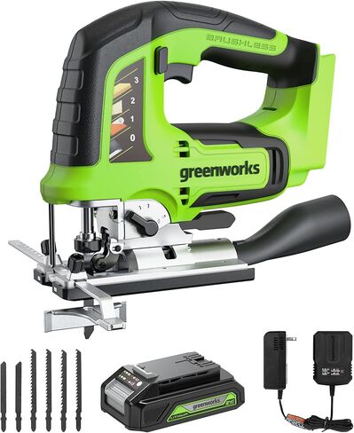 منشار رقص بدون فرشاة 24 فولت من Greenworks، بطارية 1*2AH + محول 2A، 6 قطع شفرات (4 × شفرة منشار للأعمال الخشبية. 2 × شفرة منشار للمعادن) in Kuwait