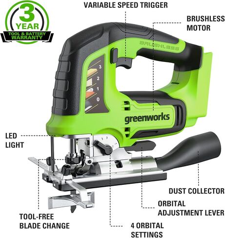 منشار رقص بدون فرشاة 24 فولت من Greenworks، بطارية 1*2AH + محول 2A، 6 قطع شفرات (4 × شفرة منشار للأعمال الخشبية. 2 × شفرة منشار للمعادن) in Kuwait