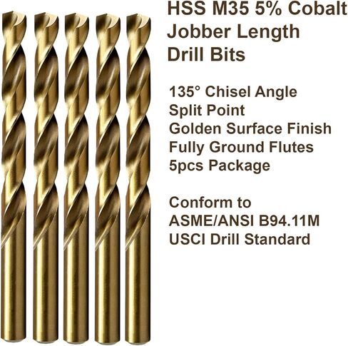 MAXTOOL 1/4 بوصة 5 قطع مثاقب بطول Jobber متطابقة HSS M35 لقم ثقب تويست 5% كوبالت مثاقب ساق مستقيمة ذهبية مطحونة بالكامل؛ JBF35G10R16P5 in Saudi Arabia