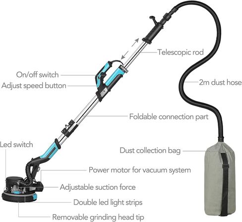 AYA-TECH Drywall Sander, 750W 6.5A Electric Drywall Sander with Vacuum Telescopic Foldable Pole Sender with 14 Pcs Sanding Discs, 7 Variable Speed Led Light Ceiling Sander Excellent Dust Removal (1) in Kuwait