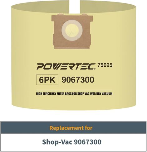POWERTEC 75025-P3, 90673 Bags for Shop Vac Type J 9067300 Filter Bags, 15-25 Gal Vacuum, 6PK & Shop-Vac 9067300 Genuine 15-22 Gallon High-Efficiency Disposable Collection Filter Bag, (2 Pack) in Saudi Arabia
