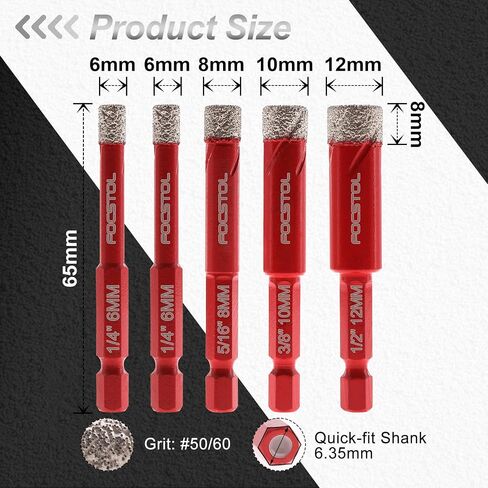 Dry Diamond Drill Bit Set - 10pcs Diamond Hole Saw Kit & Carbide Drill with Quick Change Hex Shank for Porcelain Tile Ceramic Marble Granite Quartz (6mm*2+8mm*2+10mm*2+12mm*2+6mm*2) in Saudi Arabia