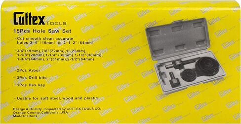 طقم منشار ثقب من CUTTEX TOOLS، مجموعة كاملة من 15 قطعة من منشار ثقب، 3/4 بوصة إلى 2-1/2 بوصة (9 مناشير ثقب + جميع الملحقات + لقمة ثقب إضافية)، مادة فولاذ كربوني ممتازة A3 in Kuwait