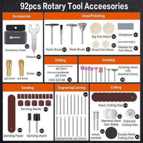 HARDELL Rotary Tool Accessories Kit 92PCS, Portable Mini Power Rotary Tool Accessories Set with Case, 1/8"(3.2mm) Diameter Shanks, Universal Fitment for Easy Drilling Sawing Sanding Grinding Polishing in Saudi Arabia