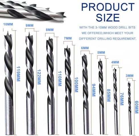 Brad Point Drill Bits - 8 Pcs 3-10mm Spur Point Spiral Twist Wood Metric Drill Bits with Durable Case Wood Working Tool for Hardwood or Softwood (Black) in Saudi Arabia