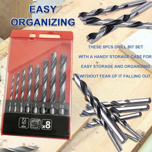 Brad Point Drill Bits - 8 Pcs 3-10mm Spur Point Spiral Twist Wood Metric Drill Bits with Durable Case Wood Working Tool for Hardwood or Softwood (Black) in Saudi Arabia
