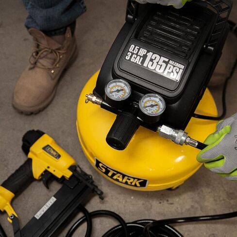 ضاغط هواء كهربائي بدون زيت من ستارك سعة 3 جالون ومسامير براد مقاس 18 مع خرطوم هواء، 135 رطل لكل بوصة مربعة (مجموعة كومبو) in Kuwait