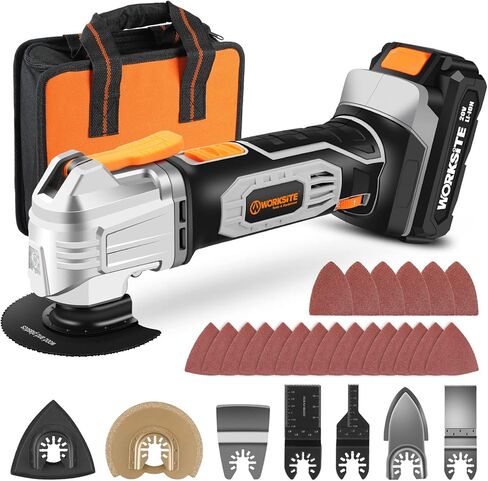 أداة تأرجح لاسلكية 20 فولت من WORKSITE، مجموعة أدوات متعددة التأرجح ذات 6 سرعات متغيرة مع 31 قطعة من ملحقات المنشار وحقيبة حمل، منشار متأرجح يعمل بالبطارية للكشط/الطحن/الصنفرة/القطع in Kuwait