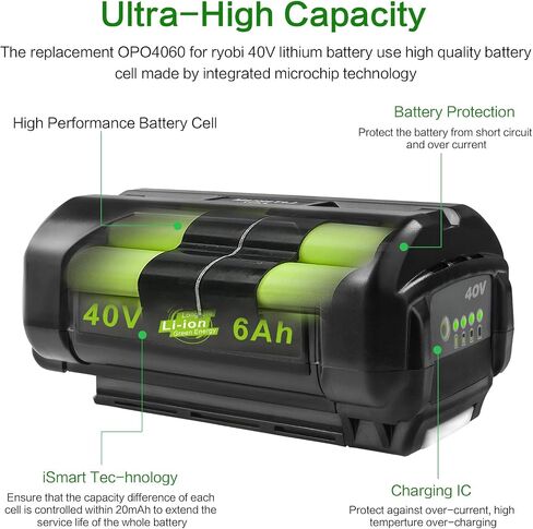 ARyee 6.0Ah 40V استبدال البطارية لRyobi 40 فولت OP4015 OP4050 OP4026 OP40201 OP40261 OP4030 OP40301 OP4040 OP40401 OP40501 OP40601 بطارية ليثيوم أداة الطاقة اللاسلكية (2 حزمة) in Saudi Arabia