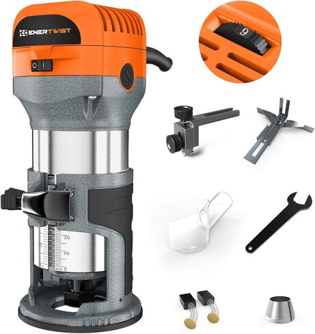 أداة توجيه مدمجة من ENERTWIST، 7.0 أمبير 1.25 حصان مجموعة أدوات توجيه خشبية متغيرة السرعة ذات بداية ناعمة مع قاعدة ثابتة، أطواق 1/4 بوصة و3/8 بوصة، دليل الحواف، دليل الأسطوانة، غطاء الغبار، مجموعة فرشاة بديلة، ETRT710S in Kuwait