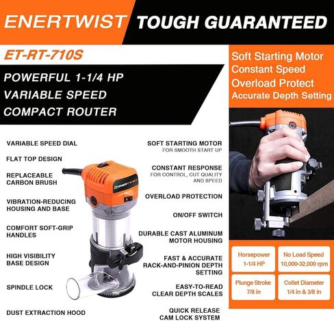 أداة توجيه مدمجة من ENERTWIST، 7.0 أمبير 1.25 حصان مجموعة أدوات توجيه خشبية متغيرة السرعة ذات بداية ناعمة مع قاعدة ثابتة، أطواق 1/4 بوصة و3/8 بوصة، دليل الحواف، دليل الأسطوانة، غطاء الغبار، مجموعة فرشاة بديلة، ETRT710S in Kuwait