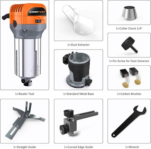 أداة توجيه مدمجة من ENERTWIST، 7.0 أمبير 1.25 حصان مجموعة أدوات توجيه خشبية متغيرة السرعة ذات بداية ناعمة مع قاعدة ثابتة، أطواق 1/4 بوصة و3/8 بوصة، دليل الحواف، دليل الأسطوانة، غطاء الغبار، مجموعة فرشاة بديلة، ETRT710S in Kuwait