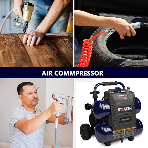 Stealth 4.5 Gallon Ultra Quiet Air Compressor,1.3 HP Oil-Free Peak 150 PSI 65 Decibel Air Compressor,4 CFM @ 40 PSI 3 CFM @ 90 PSI Silent Portable Long Life Electric Air Compressor W/ Wheel for Garage in Kuwait