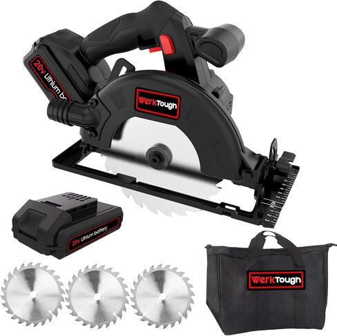 مجموعة أدوات منشار دائري لاسلكي Powertough مقاس 165 سم (6-1/2 بوصة) بطارية 2.0 أمبير شاحن سريع لمدة ساعة واحدة، شفرة المنشار قطعة واحدة مع 36 سنًا، وقطعتان مع 24 سنًا في حقيبة الأدوات in Kuwait