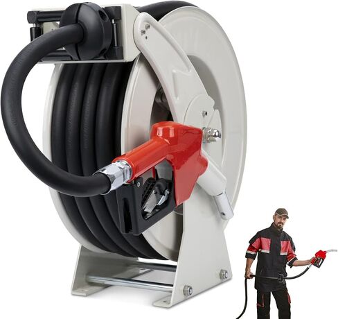 Fuel Hose Reel 3/4" x 50', Retractable Diesel Reel with Nozzle | 300 PSI rated, Spring-driven rewind, 360° swivel, Steel construction, Industrial fueling in Saudi Arabia