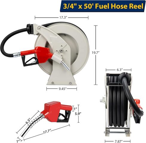 Fuel Hose Reel 3/4" x 50', Retractable Diesel Reel with Nozzle | 300 PSI rated, Spring-driven rewind, 360° swivel, Steel construction, Industrial fueling in Saudi Arabia