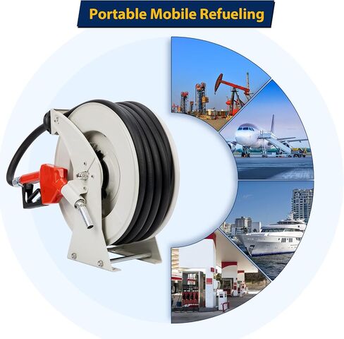 Fuel Hose Reel 3/4" x 50', Retractable Diesel Reel with Nozzle | 300 PSI rated, Spring-driven rewind, 360° swivel, Steel construction, Industrial fueling in Saudi Arabia
