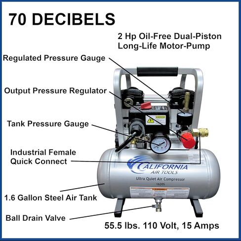 مجموعة كاليفورنيا اير تولز 1620S فائقة الهدوء وخالية من الزيوت 2.0 كجم، 0.5 لتر ضاغط هواء ستيل تانك in Kuwait