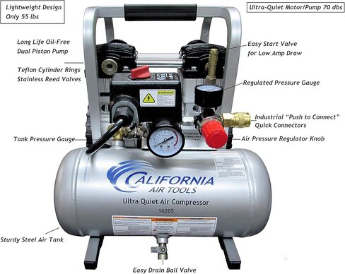 مجموعة كاليفورنيا اير تولز 1620S فائقة الهدوء وخالية من الزيوت 2.0 كجم، 0.5 لتر ضاغط هواء ستيل تانك in Kuwait