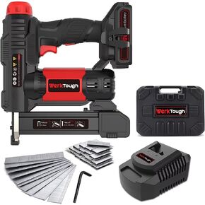 Powertough 20v Cordless Staple Gun Brad Nailer 2 في 1، مخزن معدني من الألومنيوم، شاحن سريع لمدة ساعة واحدة، بطارية ليثيوم 2000 مللي أمبير، 2000 قطعة دبابيس مجانية (90 4/5 بوصة 1000+18 جيجا 1 بوصة × 1000) في حقيبة الأدوات in Kuwait