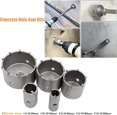 REETAI-FOUR 9Pcs SDS Plus Concrete Hole Saw Kits, Tungsten Carbide Wall Hole Cutter Cement Stone Drill Bit Sets with Connecting Rod for Brick Stone Concrete Cement. in Kuwait