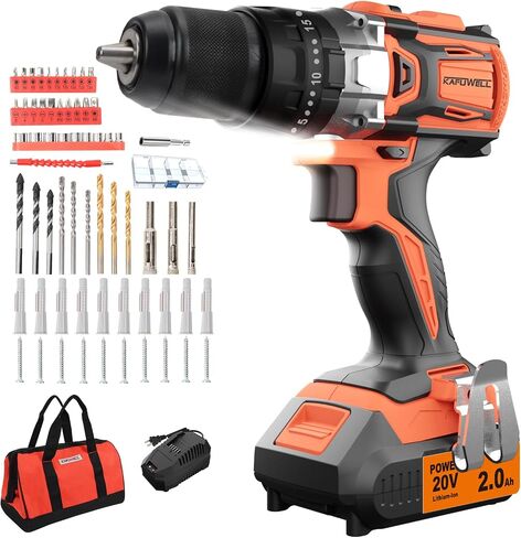 KAFUWELL Brushless Cordless Drill Set, 3-in-1 20V Power Drill with Battery and Charger, 1/2" Metal Keyless Chuck, 530 In-lb Torque, 2 Variable Speeds, Hammer Drill Driver with 64 pcs Accessories in Saudi Arabia