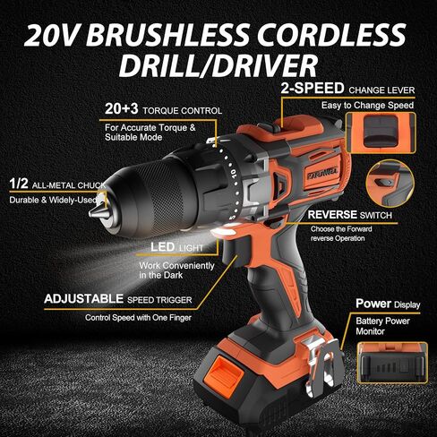 KAFUWELL Brushless Cordless Drill Set, 3-in-1 20V Power Drill with Battery and Charger, 1/2" Metal Keyless Chuck, 530 In-lb Torque, 2 Variable Speeds, Hammer Drill Driver with 64 pcs Accessories in Saudi Arabia