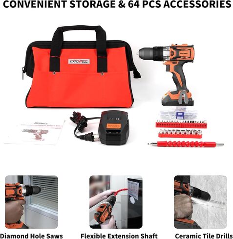 KAFUWELL Brushless Cordless Drill Set, 3-in-1 20V Power Drill with Battery and Charger, 1/2" Metal Keyless Chuck, 530 In-lb Torque, 2 Variable Speeds, Hammer Drill Driver with 64 pcs Accessories in Saudi Arabia