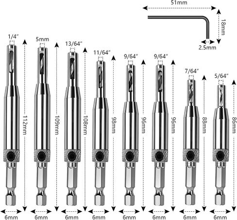 Werkzeug Self Centering Hinge Tapper Core Drill Bit Set for Woodworking, Adjustable Door Window Drill Bits with 1 Hex Key & 8 Replacement Drill Bits (5/64 - 1/4 Inches), 16 Pieces in Saudi Arabia