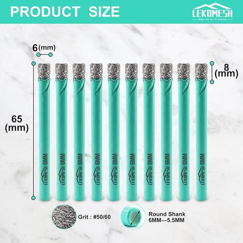 LEKOMESH Diamond Core Drill Bits Tile Hole Saw Cutter 10pcs 6MM Round Shank Dry Drilling for Porcelain Ceramic Tile Granite Marble Stone Vacuum Brazed Diamond Drill Bits in Saudi Arabia