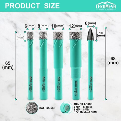 LEKOMESH Diamond Core Drill Bits Tile Hole Saw Cutter 10pcs 6MM Round Shank Dry Drilling for Porcelain Ceramic Tile Granite Marble Stone Vacuum Brazed Diamond Drill Bits in Saudi Arabia
