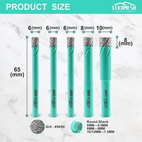 LEKOMESH Diamond Core Drill Bits Tile Hole Saw Cutter 10pcs 6MM Round Shank Dry Drilling for Porcelain Ceramic Tile Granite Marble Stone Vacuum Brazed Diamond Drill Bits in Kuwait