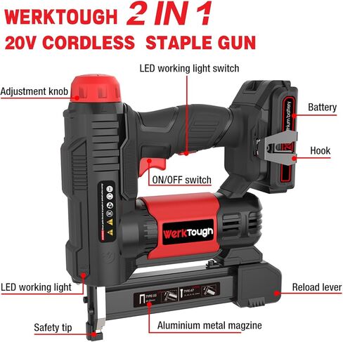 Powertough 20v Cordless Staple Gun Brad Nailer 2 في 1، مخزن معدني من الألومنيوم، شاحن سريع لمدة ساعة واحدة، بطارية ليثيوم 2000 مللي أمبير، 2000 قطعة دبابيس مجانية (90 4/5 بوصة 1000+18 جيجا 1 بوصة × 1000) في حقيبة الأدوات in Kuwait