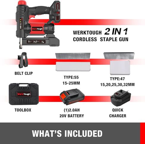 Powertough 20v Cordless Staple Gun Brad Nailer 2 في 1، مخزن معدني من الألومنيوم، شاحن سريع لمدة ساعة واحدة، بطارية ليثيوم 2000 مللي أمبير، 2000 قطعة دبابيس مجانية (90 4/5 بوصة 1000+18 جيجا 1 بوصة × 1000) في حقيبة الأدوات in Kuwait
