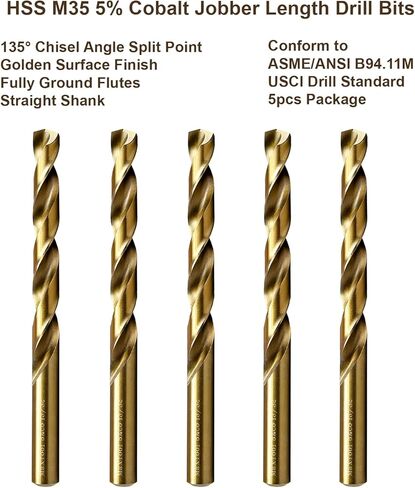 MAXTOOL 9/32 "5 قطع متطابقة من الكوبالت بطول المثقاب HSS M35 لقم الثقب الملتوي بالكامل الأرض الذهبية المستقيمة؛ JBF35G10R18E5 in Kuwait