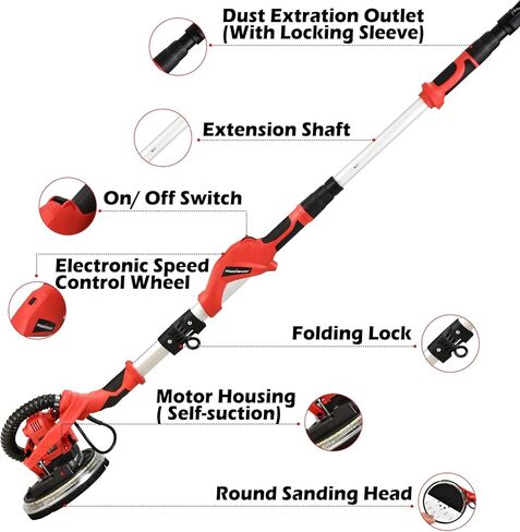 ماكينة صنفرة الحوائط الجافة PowerSmart، ماكينة سنفرة الحوائط الجافة الكهربائية بقدرة 1020 وات 8.5 أمبير مع مجموعة غبار أوتوماتيكية، سرعة قابلة للتعديل 600-2600 دورة في الدقيقة، ضوء LED، مقبض قابل للتمديد والطي، 5 أقراص سنفرة، كيس غبار in Kuwait