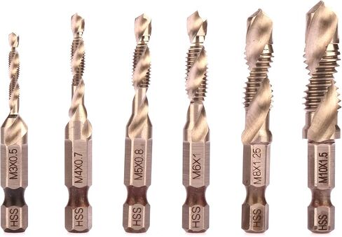 مجموعة لقم الصنبور المركبة HSS 4341، طقم حنفية لولبي HSS، 6 قطع مع M3 M4 M5 M6 M8 M10 HEX Shank Drill Bit (فضي إضافي) in Kuwait