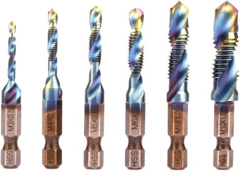 مجموعة لقم الصنبور المركبة HSS 4341، طقم حنفية لولبي HSS، 6 قطع مع M3 M4 M5 M6 M8 M10 HEX Shank Drill Bit (فضي إضافي) in Kuwait