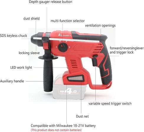 FSYAO 18V SDS cordless rotary hammer drill, brushless cordless removal hammer, brushless motor, suitable for drill bits, pointed head/flat/U-shaped chisels. (host only) in Saudi Arabia