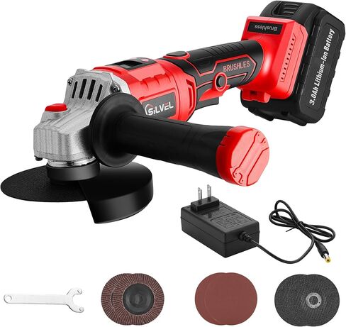 مطحنة زاوية لاسلكية 21 فولت من SILVEL، مطحنة لاسلكية 5 بوصة 8500 دورة في الدقيقة مع بطارية ليثيوم أيون 4.0 أمبير في الساعة، شاحن، مقبض بموضعين، مطحنة زاوية كهربائية للمعادن والخشب in Kuwait