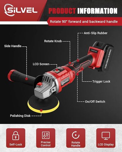 مطحنة زاوية لاسلكية 21 فولت من SILVEL، مطحنة لاسلكية 5 بوصة 8500 دورة في الدقيقة مع بطارية ليثيوم أيون 4.0 أمبير في الساعة، شاحن، مقبض بموضعين، مطحنة زاوية كهربائية للمعادن والخشب in Kuwait