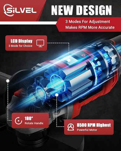 مطحنة زاوية لاسلكية 21 فولت من SILVEL، مطحنة لاسلكية 5 بوصة 8500 دورة في الدقيقة مع بطارية ليثيوم أيون 4.0 أمبير في الساعة، شاحن، مقبض بموضعين، مطحنة زاوية كهربائية للمعادن والخشب in Kuwait