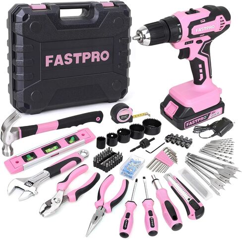 FASTPRO 177-Piece 20V Pink Cordless Lithium-ion Drill Driver and Home Tool Set, Lady's Home Repairing Tool Kit with Drill in Tool Storage Case in Saudi Arabia