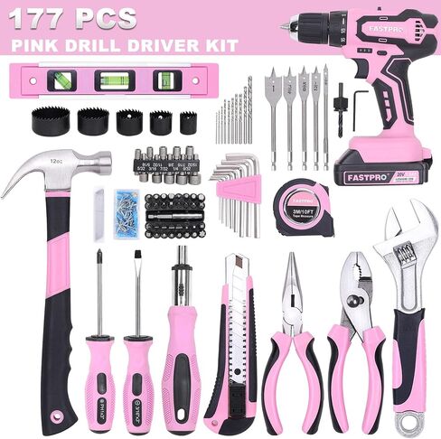 FASTPRO 177-Piece 20V Pink Cordless Lithium-ion Drill Driver and Home Tool Set, Lady's Home Repairing Tool Kit with Drill in Tool Storage Case in Saudi Arabia